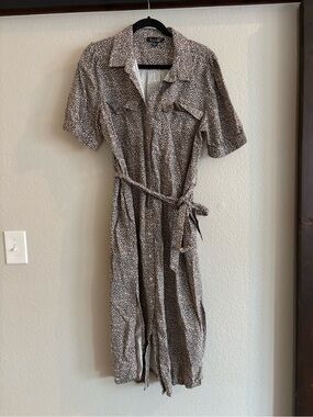 Nicole Miller Leopard Print Midi Shirt Dress Short Sleeve with Tie Belt 14